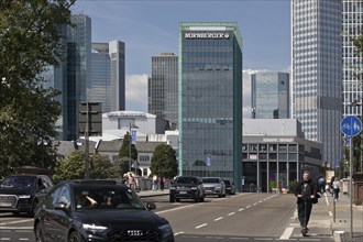 City view with traffic on the Untermainbrücke bridge with high-rise buildings, Frankfurt am Main,