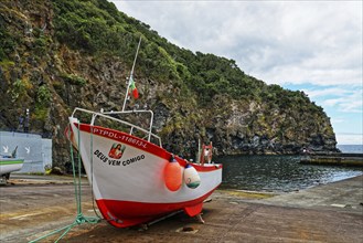 Tranquil image of a fishing boat at the harbour, surrounded by cliffs and lush vegetation, with