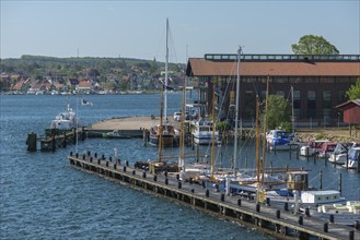 Maritime Svendborg, sailing harbour, yachts, jetty, hall, motorboats, Great Belt, Baltic Sea, Fyn,