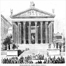 Front view of the Jupiter Stator Temple, Palatine, Rome, crowd, steps, columns, statues, Etruscans,