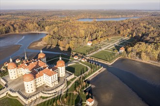 Aerial view of lake and castle Moritzburg near Dresden, autumn colors, Germany, Europe