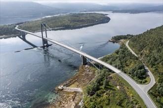 Aerial view of suspension bridge over fjord Efjord, road E6, northern Norway