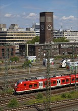 Main station with clock tower and regional railway, elevated view, Düsseldorf, North