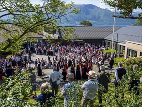 Norwegian national day celebration, 17. may, parade with music, norwegian flags, village Rosendal,