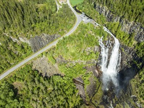 Aerial view of waterfall Skjervsfossen, near Granvin, Hardanger, Norway, Europe