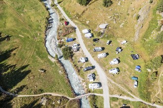 Aerial view of camping aera Fafleralp, valley Loetschental, Valais, Switzerland, Europe