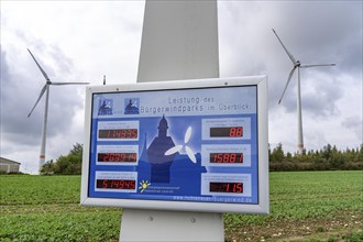 Bürgerwindpark Westernfeld-Buchgarten, near Lichtenau, 11 wind turbines, energy output display,