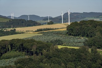 Landscape, south-east of the Hennesee, near Meschede, fields, forestry, wind turbines,