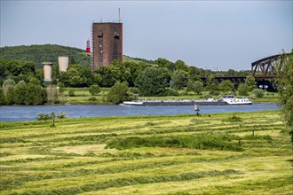 View across the Rhine meadows near Duisburg-Beeckerwerth to the Rheinpreußen spoil tip in Mörs,