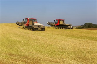 Piston Bully tracked bulldozer vehicles building silage clamp of sweetcorn maize in field stored