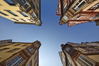 Four towers, ensemble of four historic buildings, view from bottom to top, Old Town, Koblenz,