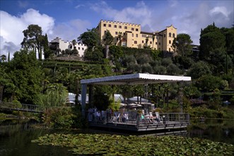 Water lily pond, palm café, gardens, Trauttmansdorff Castle, botanical garden, Merano, Meran, South