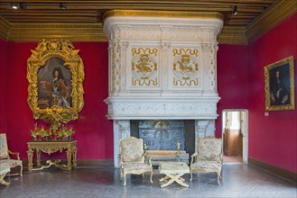 Elegant room with fireplace and framed paintings on red walls, Salon Louis XIV.Chenonceau Castle,