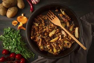 Fried chanterelles with mushrooms, in a clay pan, close-up, top view, selective focus