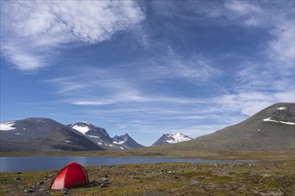 Tent in mountain landscape, Sarek National Park, World Heritage Laponia, Norrbotten, Lapland,