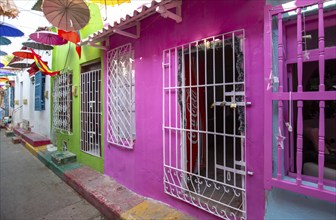 Cartagena, Colombia, 18 February, 2020: Scenic colorful streets of Cartagena in historic Getsemani