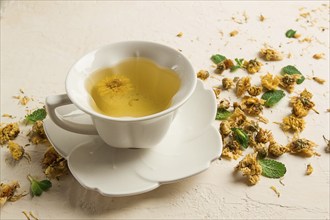 Chrysanthemum tea, drink, white cup, mint, chrysanthemum buds, close-up, no people