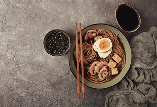 Asian soba soup, with mushrooms and egg, cheese, sesame seeds, homemade, no people