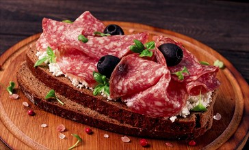 Sandwich, grain bread, with cream cheese and salami, black olives, micro-greens, top view,