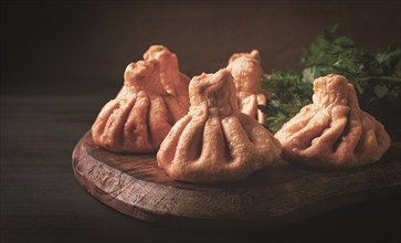 Deep-fried khinkali, khinkali with meat, traditional Georgian dish, no people