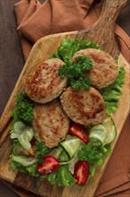 Fried cutlets, turkey, with vegetable salad, top view, no people