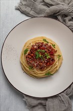 Spaghetti Bolognese, top view, close-up, no people, homemade