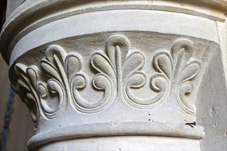 Carved stonework of stone columns, church of Saint George, Ogbourne St George, Wiltshire, England,