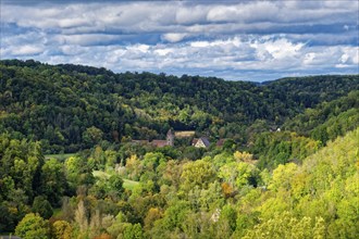 The Tauber valley with autumnal colourful deciduous forest below the town of Rothenburg ob der