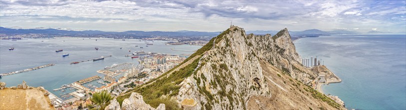 Panorama of rocks with city and sea in the background, Gibraltar, Europe