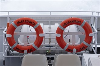 Lifebuoys, excursion boat Adler Express, Wadden Sea, North Frisia, Schleswig-Holstein, Germany,