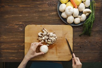 Unrecognizable woman chopping champignon mushrooms, top view