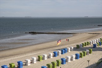 Beach with beach chairs, North Sea coast, Halligen in the background, Wyk, Föhr, North Sea island,