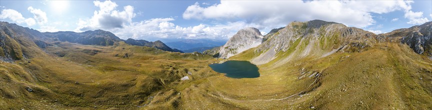 Aerial view, Alpine panorama, mountain hut Obstanserseehütte at the mountain lake Obstansersee,