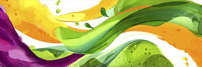 Vibrant smoothie blending abstract shapes and colors, where layers of fruits and greens swirl