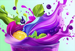 Vibrant smoothie blending abstract shapes and colors, where layers of fruits and greens swirl