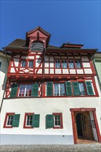 Historic street, Fronhof, Stein am Rhein, half-timbered house Fronhof, shutters, gate entrance,