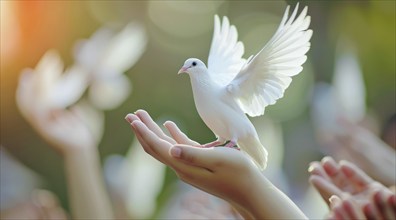 A white dove is perched on a person's hand. Concept of peace and tranquility, AI generated