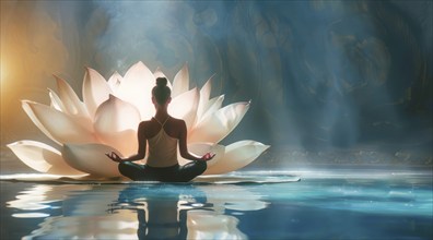 Spiritual yoga meditation in front of lotus flower by attractive young woman, AI generated