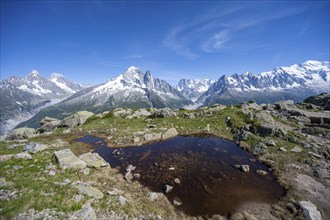 Mountain landscape with small mountain lake, mountain peaks Aiguille Verte, Grandes Jorasses and