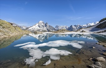 Mountain landscape with mountain lake and ice floe, water reflection in Lac Blanc, mountain peak,