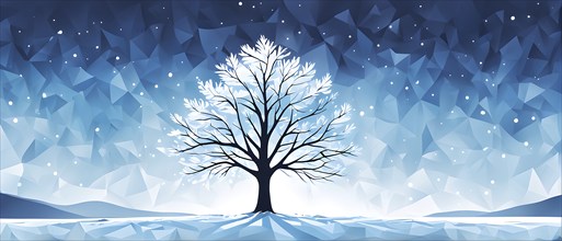 Abstract minimalist winter scene with a single, sharp silhouette of a snow-covered tree on a vast,