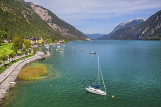 Promenade on the lakeshore with village, Pertisau, Achensee, Tyrol, Austria, Europe