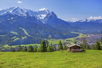 Eckenhütte on the Wank 1780m with views of the valley, town and Zugspitze group 2962m,