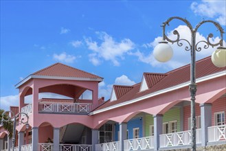 Saint Kitts and Nevis, Basseterre colorful colonial architecture in historic city center, Central