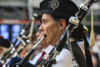 Portrait of a bagpiper, bagpipe orchestra, pipe concert, Sigmaringen, Baden-Württemberg, Germany,