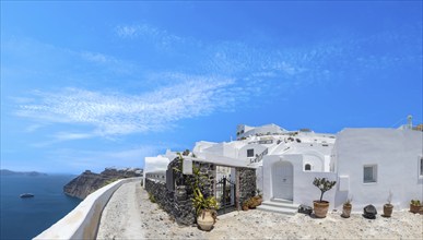 Greece Islands, scenic panoramic sea views of Santorini island from top outlook of Fira village