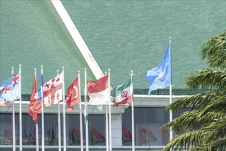 Many flags in front of the United Nations Conference Centre, Bangkok, Thailand, Asia