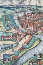 Detail: View of the city of Kiel, Schleswig Holstein, Germany, hand-coloured copperplate engraving,