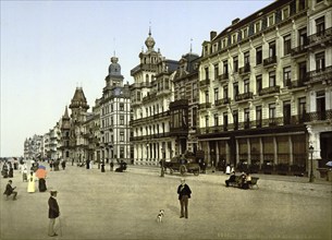 The dyke, beach promenade in Ostend, Belgium, ca 1895, Historical, digitally restored reproduction