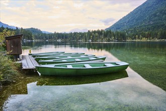 Boats on a lake, Hintersee, Ramsau, Berchtesgaden National Park, Berchtesgadener Land district,